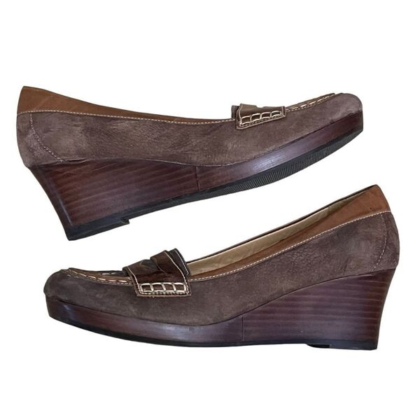 L.L. Bean Made/Brazil 9M Shoes Brown Suede Leather Wedge Penny Loafers Slip On - Picture 7 of 11